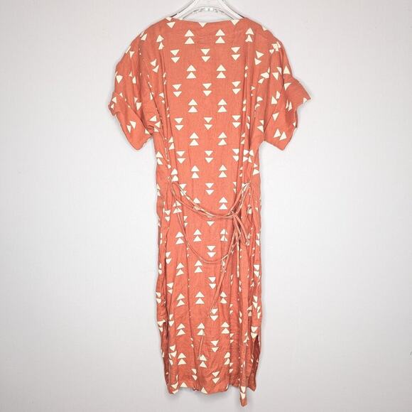 Lisa Bayne Orange V-Neck Short Sleeve Linen Dress Triangle Print Cuffed Sleeve M - Picture 2 of 10